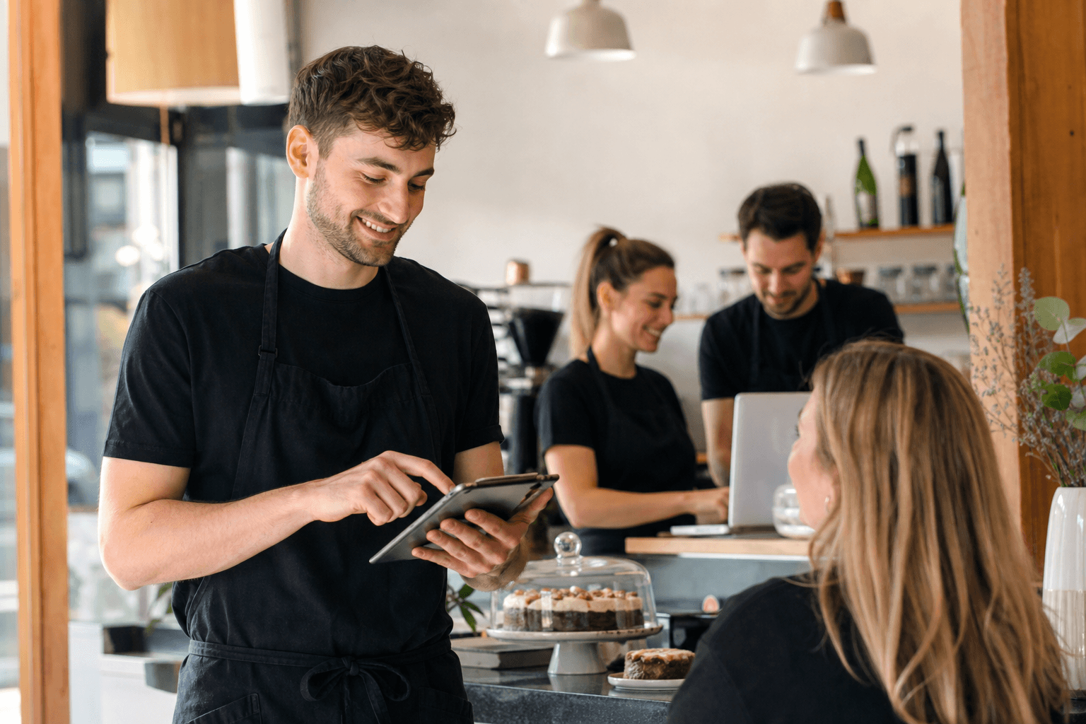 Serviceteam in einem modernen Schweizer Café nimmt eine Bestellung an einem Tablet auf