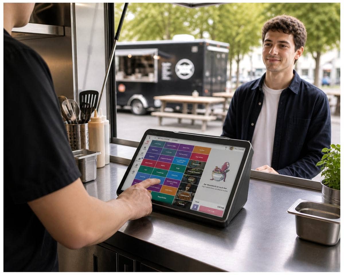 Yoordi POS Tablet im Foodtruck-Service mit lächelndem Gast am Counter